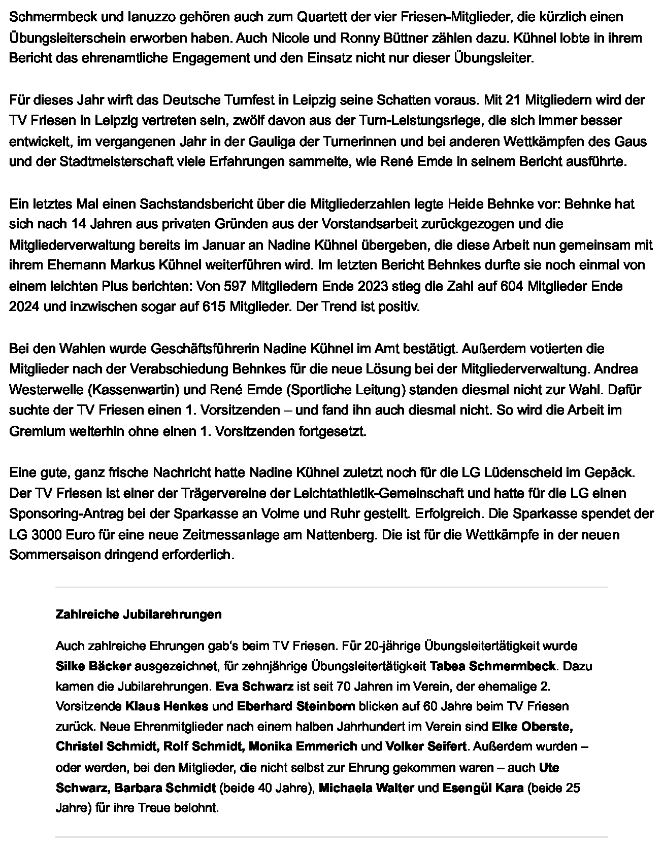 Jahreshauptversammlung TV Friesen Lüdenscheid vom 25.04.2025 Jahreshauptversammlung TV Friesen Lüdenscheid vom 25.04.2025